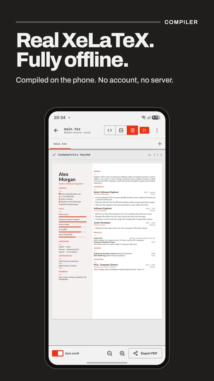 A compiled LaTeX resume in Lemma's PDF viewer with sync scroll and export
