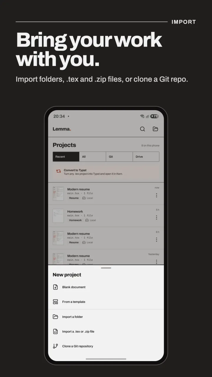 Lemma's new project menu: blank document, template, folder, .tex or .zip file, or Git repository