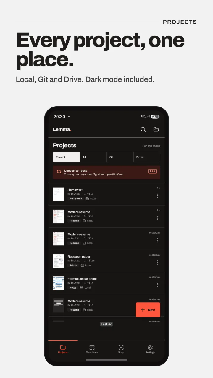 Lemma's project list with filters for recent, Git and Drive projects