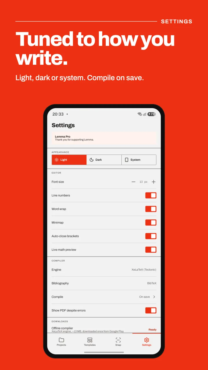Lemma's settings with appearance, editor and compiler options