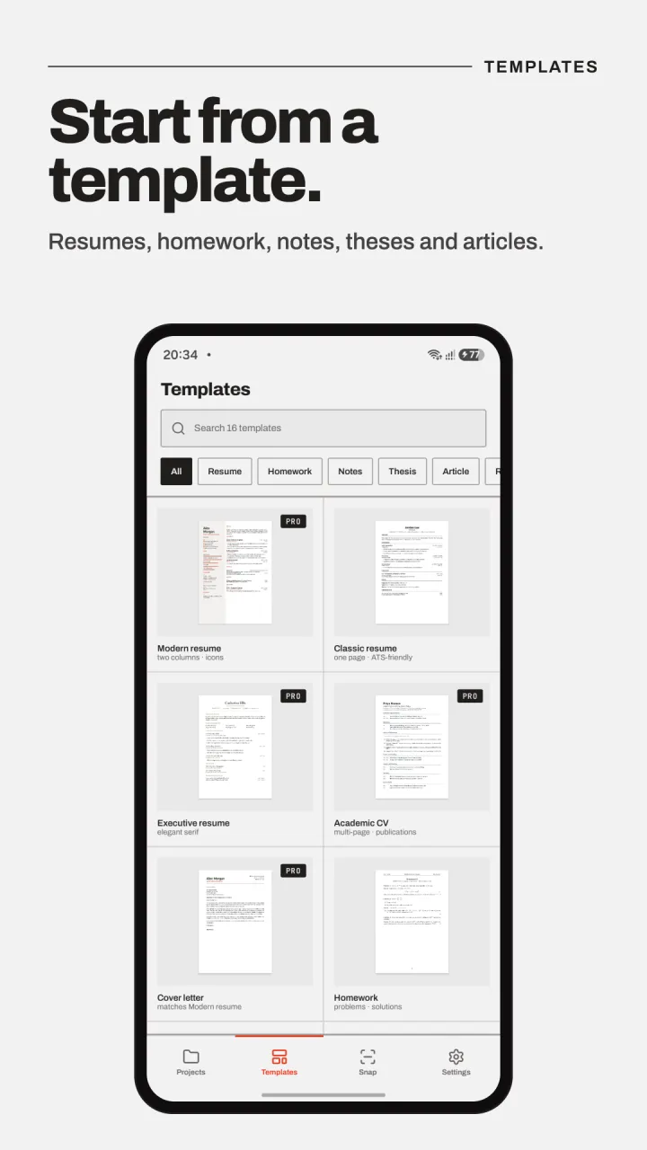 Lemma's template gallery with resume, CV, cover letter and homework templates